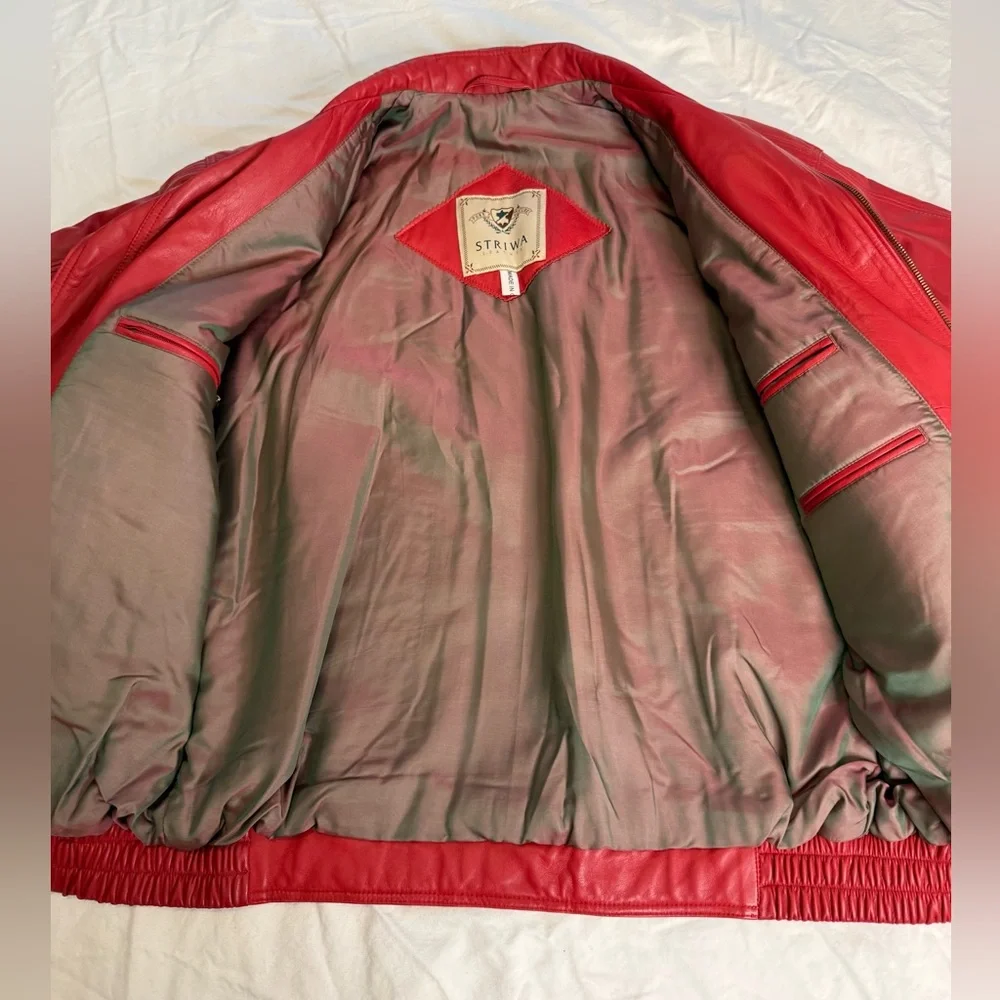 Vintage 90s Red Leather Bomber Jacket STRIWA Croatia SALMI Zip Oversized 40 - Picture 8 of 13